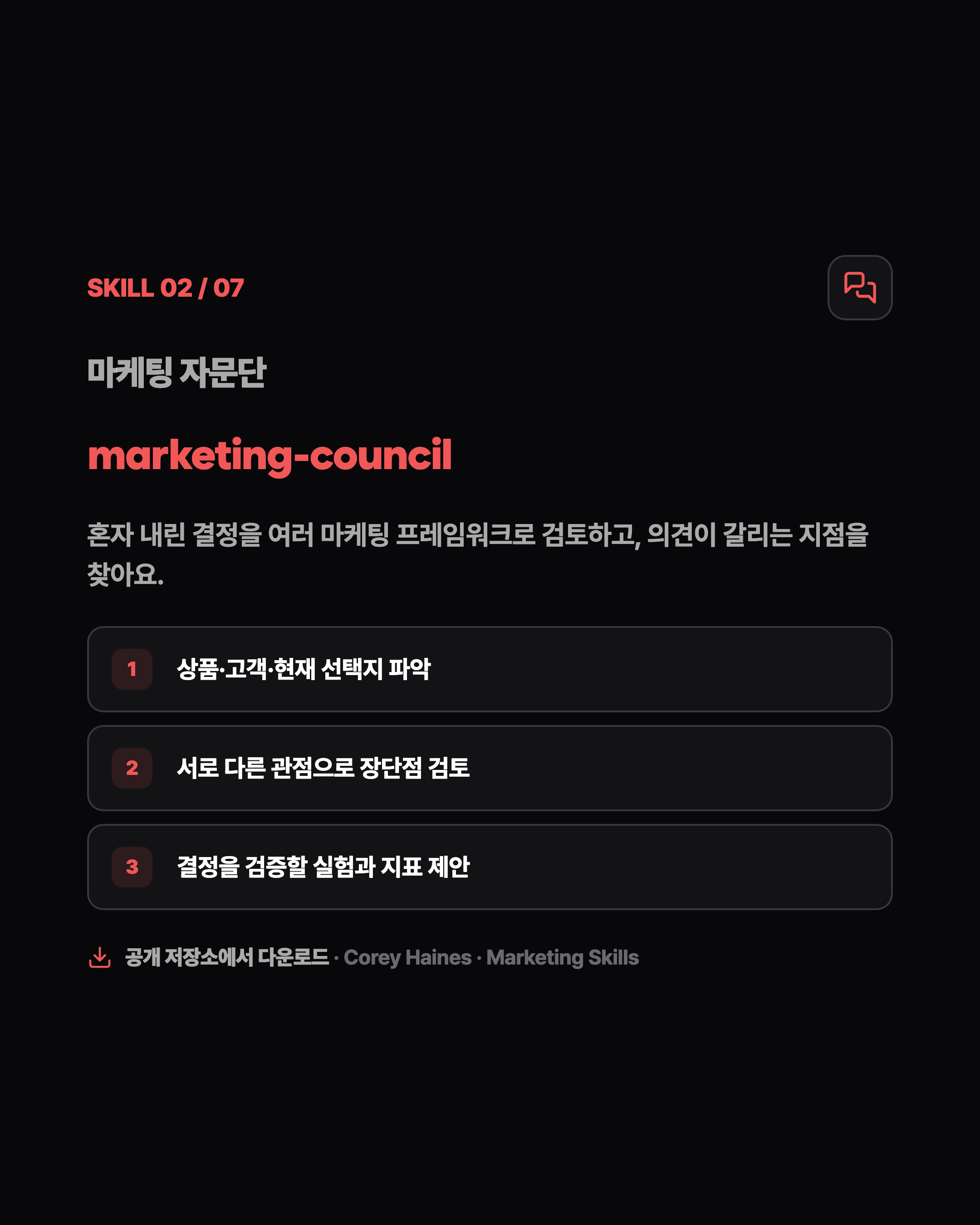SKILL 02 / 07 마케팅 자문단 marketing-council 혼자 내린 결정을 여러 마케팅 프레임워크로 검토하고, 의견이 갈리는 지점을 찾아요. 1 상품·고객·현재 선택지 파악 2 서로 다른 관점으로 장단점 검토 3 결정을 검증할 실험과 지표 제안 공개 저장소에서 다운로드 · Corey Haines · Marketing Skills